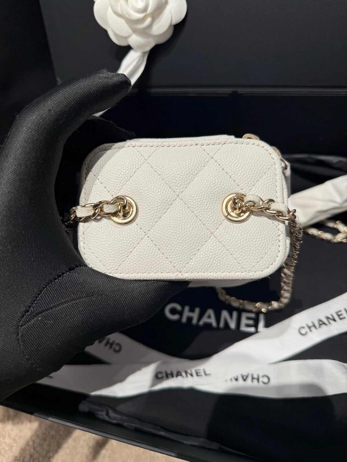 Chanel Vanity Leather Gold White Shoulder Bag Excellent