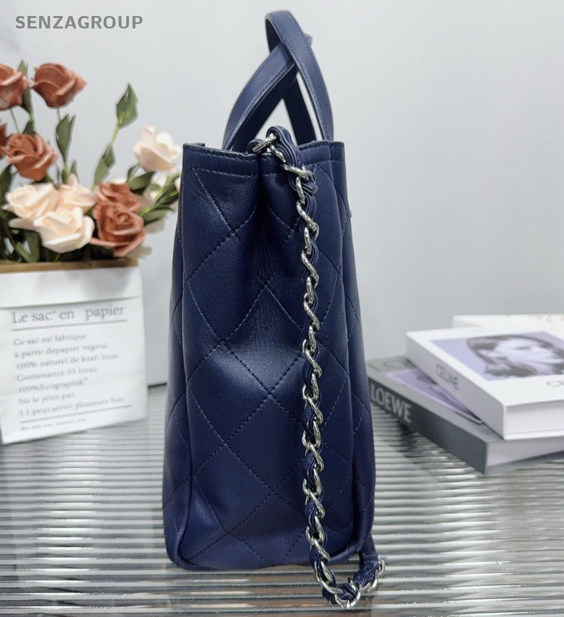 Chanel Calfskin Tote Handbag Chain Shoulder Bag Blue Silver Women Classic