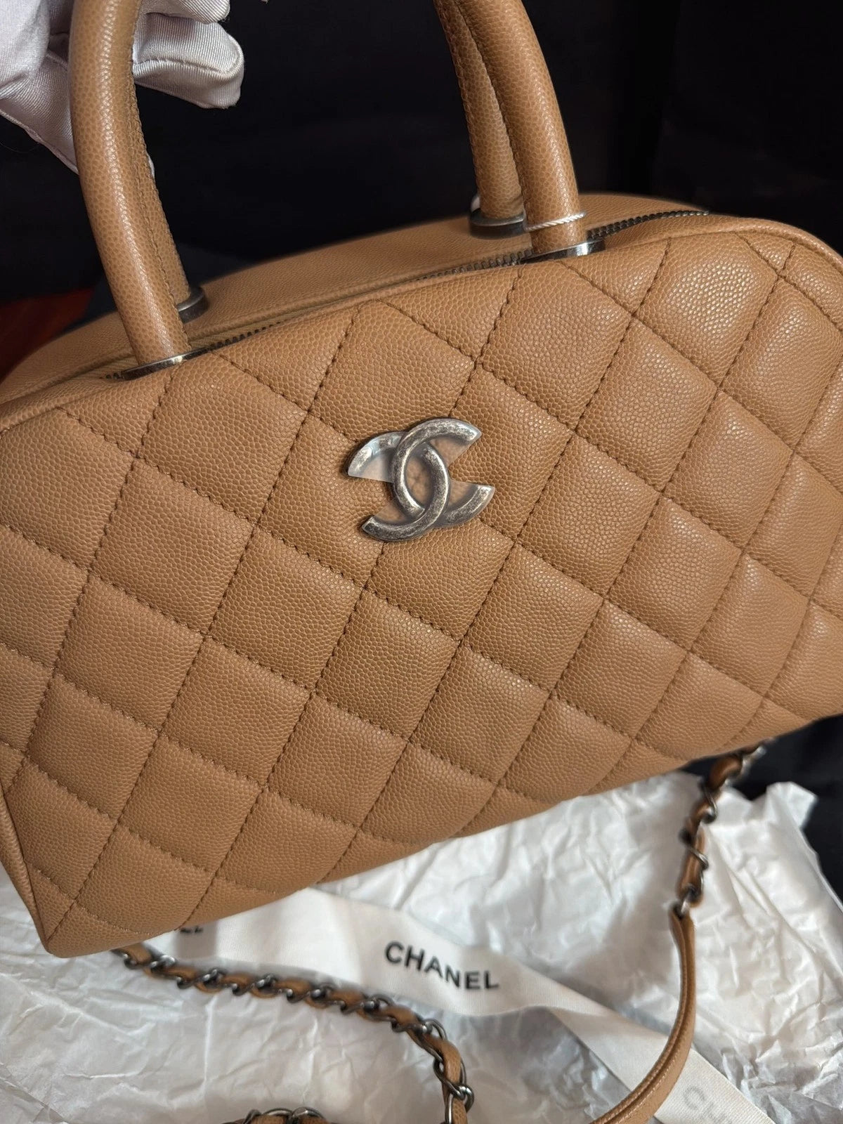 Chanel Calfskin Chain Top Handle Crossbody Beige Silver Women Classic Diamond