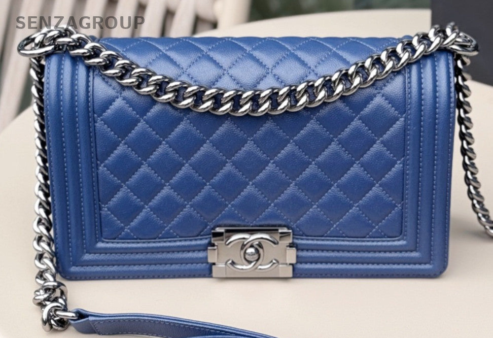 Chanel Leboy MM Chain Shoulder Bag Blue Silver Used Women Classic Designer