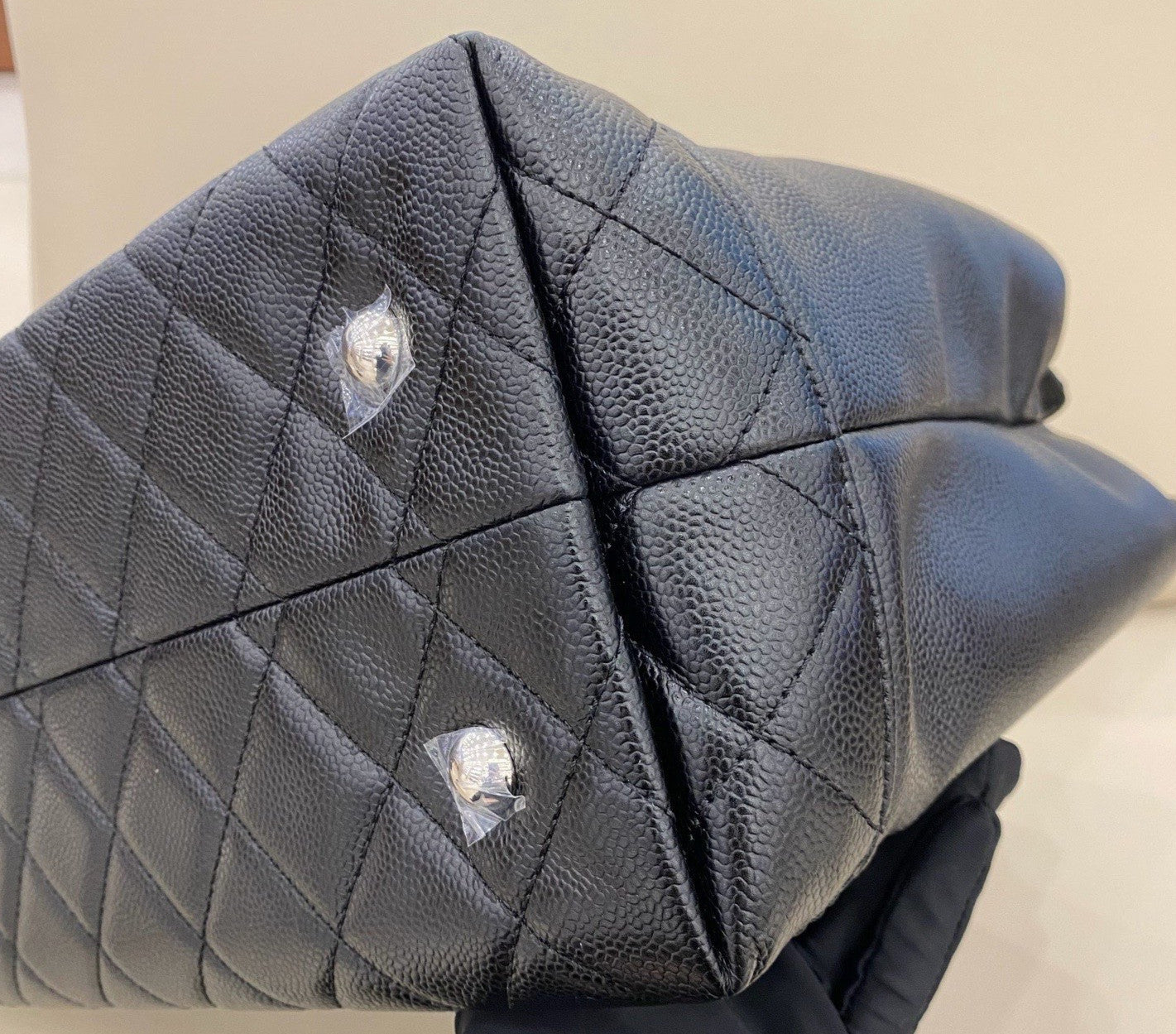Chanel Calfskin GM Tote Shoulder Bag Black Silver Used Women Classic