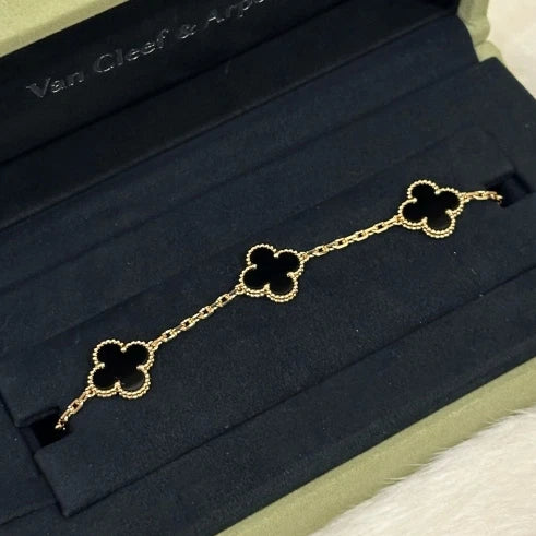 New Van Cleef &amp; Arpels Vintage Alhambra 5 Motifs Clover Bracelet Onyx 18k YG