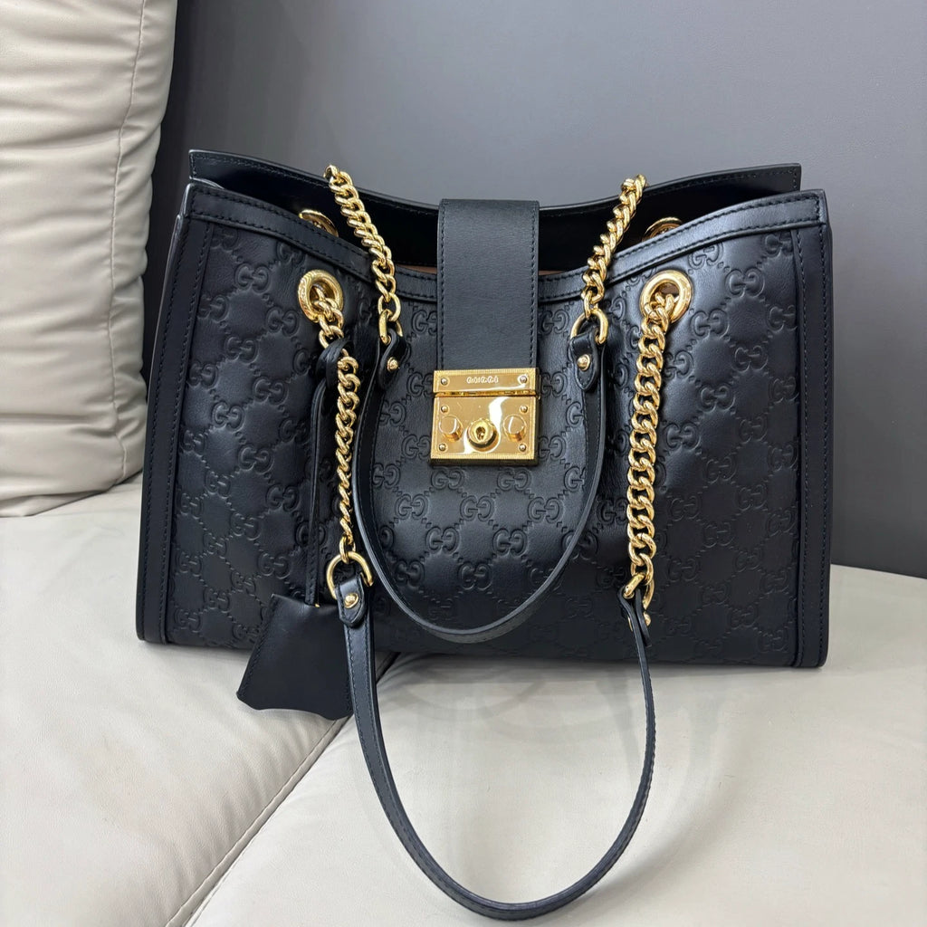 Authentic Gucci Padlock GM Calfskin Gold Chain Black Tote Shoulder Bag
