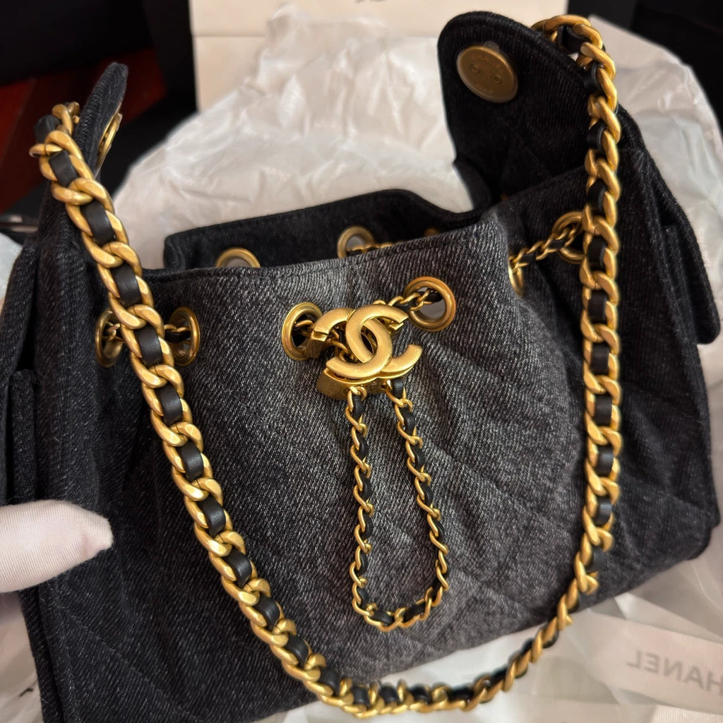 New Chanel 25Bag Mini Black Denim Gold Chain Shoulder Bag Diamond with Dust Bag
