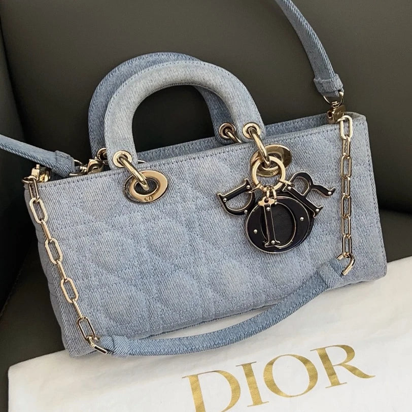 Excellent Christian Dior D-Joy PM Denim Blue Handbag Crossbody Gold Hardware