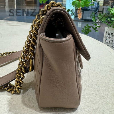 Gucci GG Marmont Mini Chain Shoulder Bag Beige Gold Hardware 22x13x6