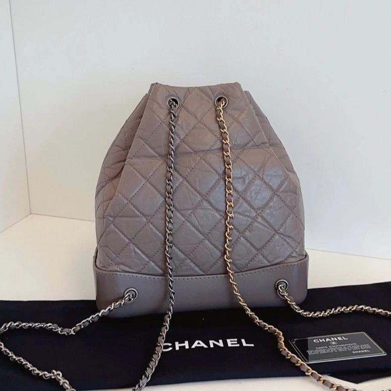 Chanel Gabrielle MM Chain Backpack Shoulder Bag Gray Gold Women Classic