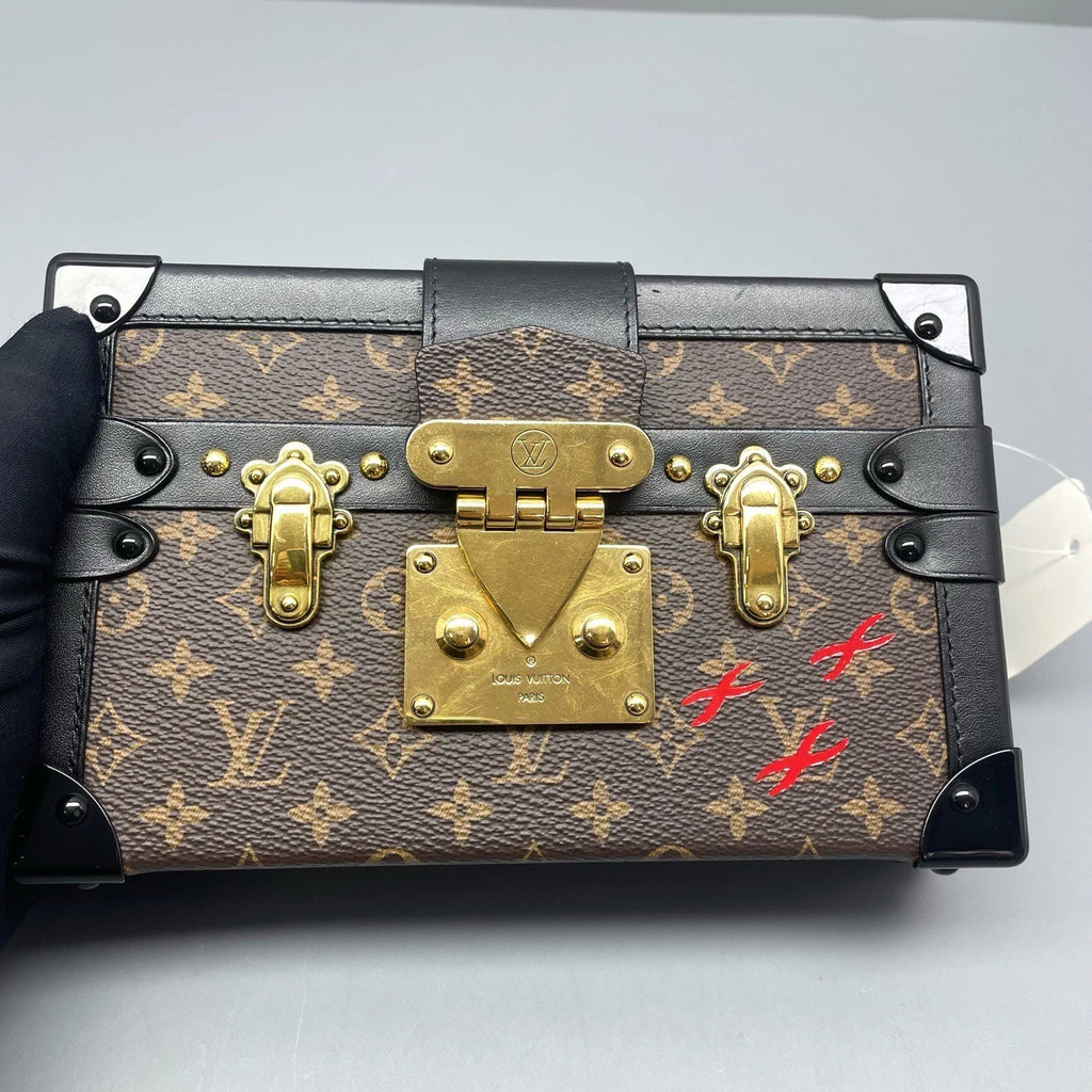 Louis Vuitton Petite Malle Monogram Shoulder Crossbody Brown Black Gold Women