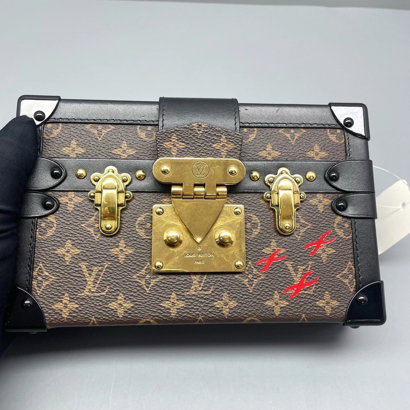 Louis Vuitton Petite Malle Monogram Shoulder Crossbody Brown Black Gold Women