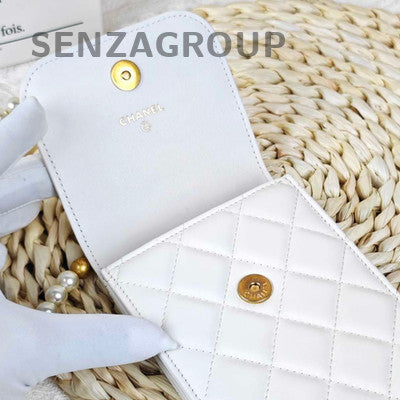 Chanel White Pearl Chain Shoulder Bag Quilted Gold Hardware