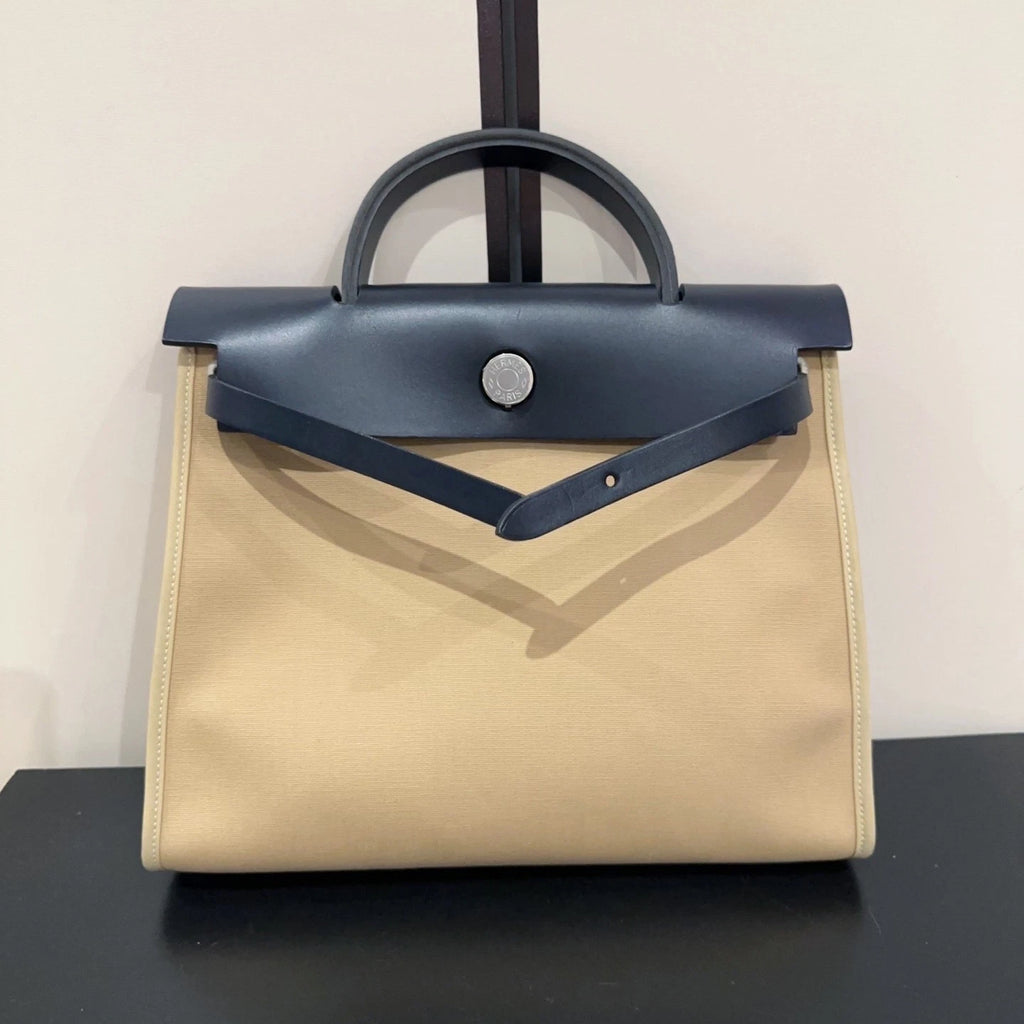 Hermes Herbag31 Canvas Women Tote Bag Beige Black Silver Hardware