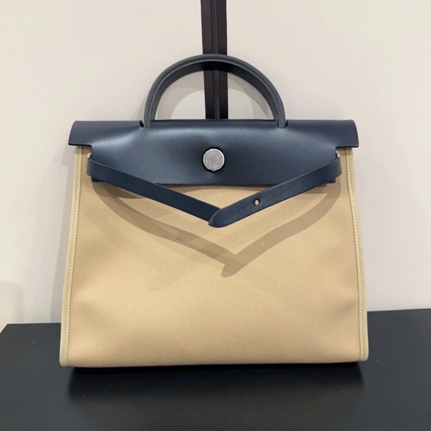 Hermes Herbag31 Canvas Women Tote Bag Beige Black Silver Hardware