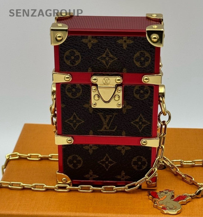 Louis Vuitton Monogram Chain Box Crossbody Brown Red Gold Used Women Fashion