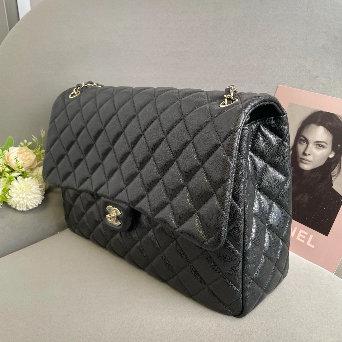 CHANEL Maxi Airport Tote Bag Black Gold Leather For Women