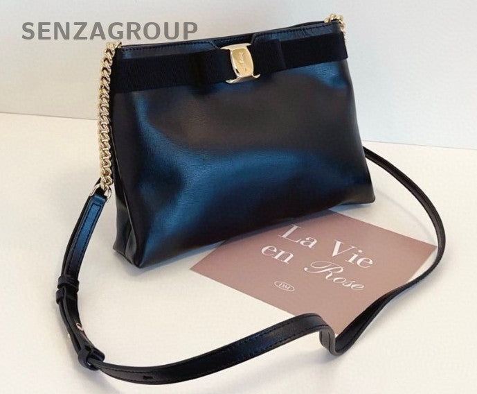 Ferragamo Leather Hobo Bag 2ways Shoulder Crossbody Bag Women Black