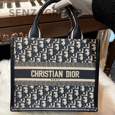 Dior Book Tote Small Blue Oblique Monogram Shoulder Bag Gold Hardware