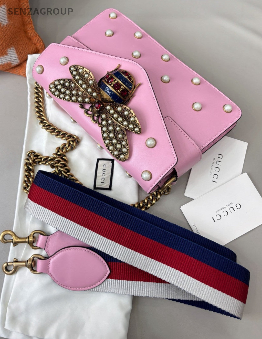 GUCCI Margaret Beer Pearl Chain Shoulder bag Crossbody Pink Women