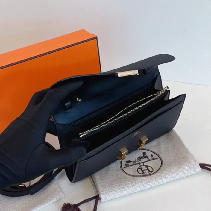 Hermes Constance Togo Clutch Shoulder Bag Black Gold Women Classic Fashion