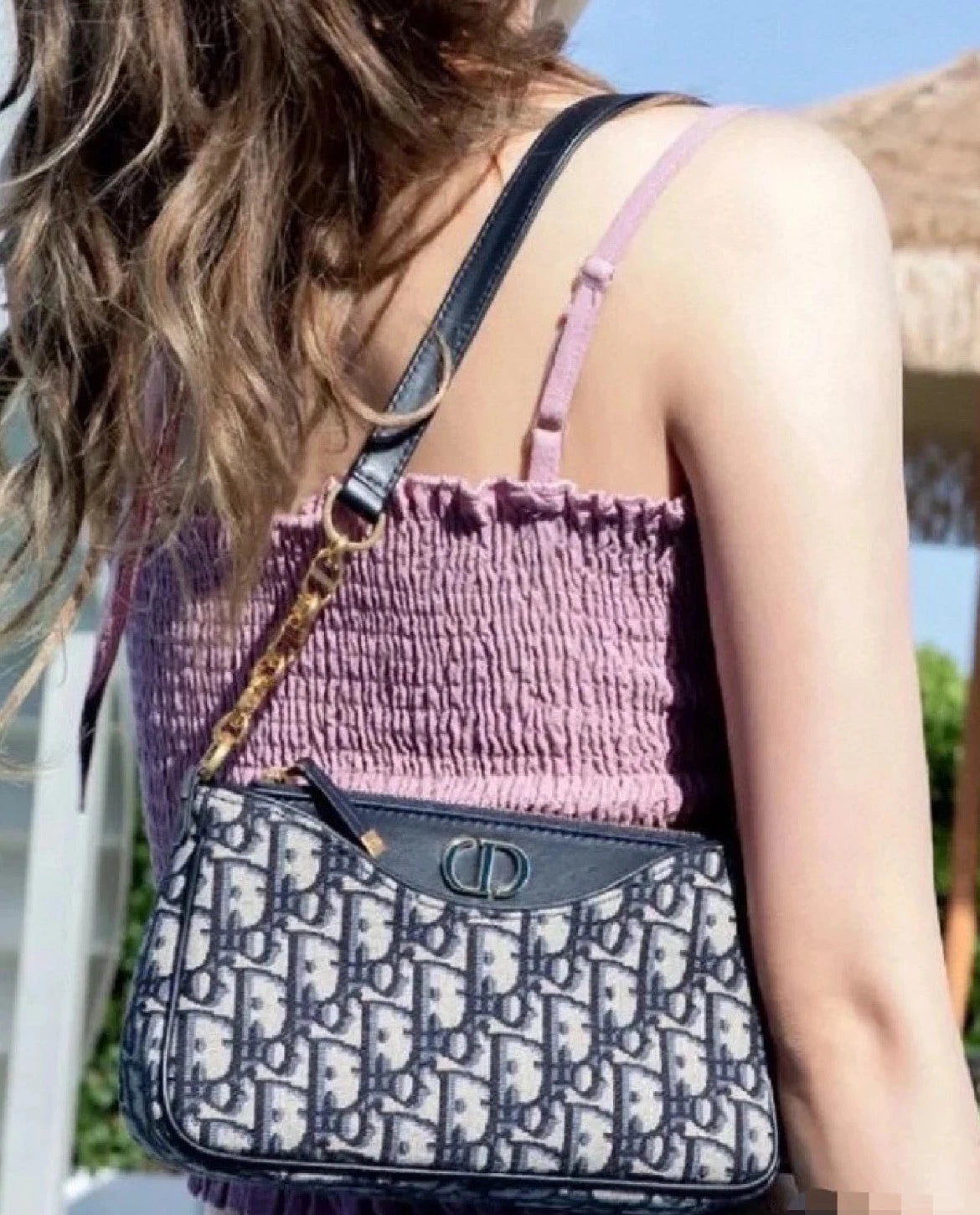 Christian Dior Hobo Avenue Canvas Shoulder Bag Blue Gold Used Women Classic