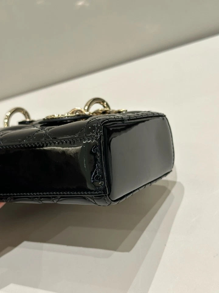 Dior D-Joy Small Black Gold Patent Leather Top Handle Bag For Women
