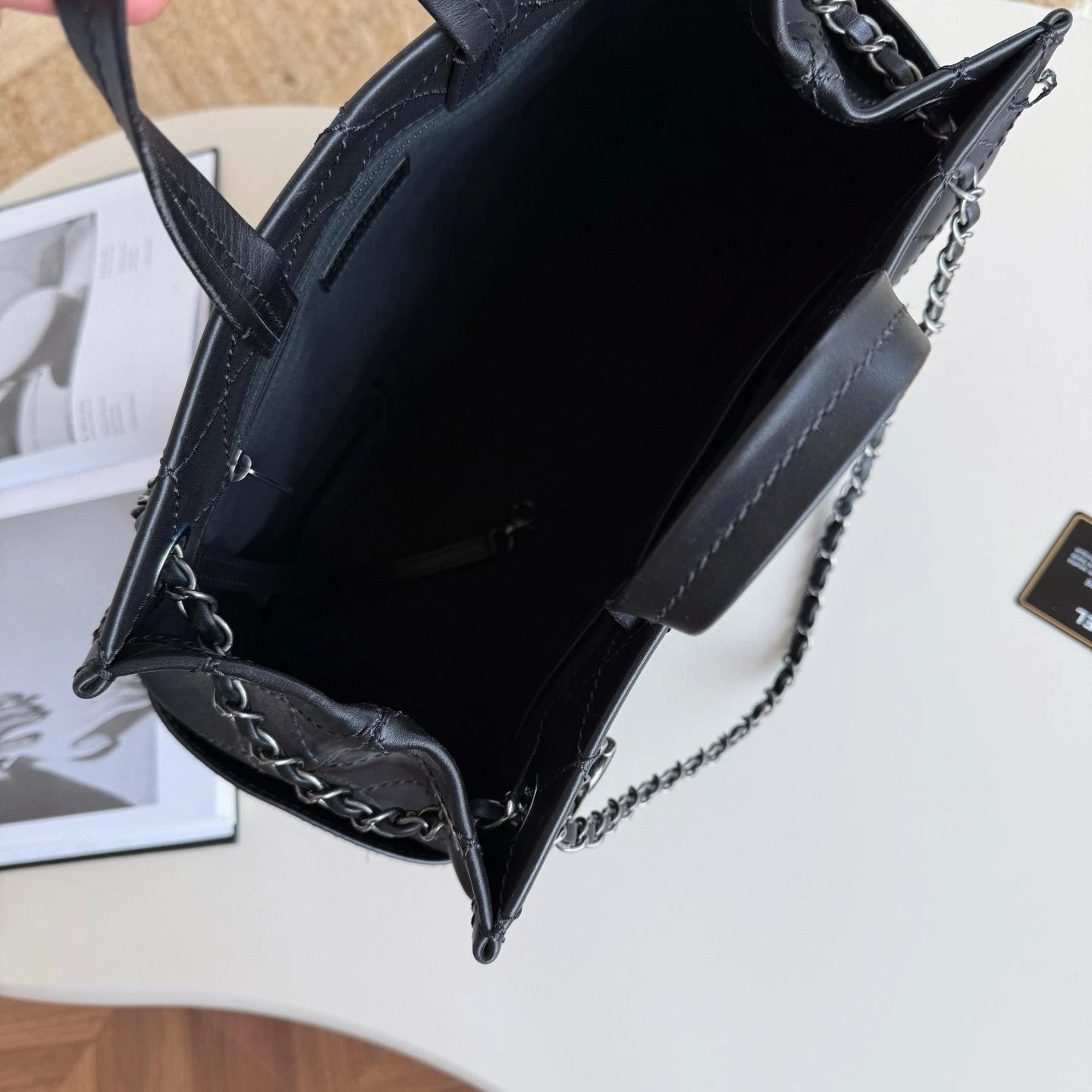Chanel Diamond Calfskin Tote Chain Top Handle Shoulder Bag Black Silver