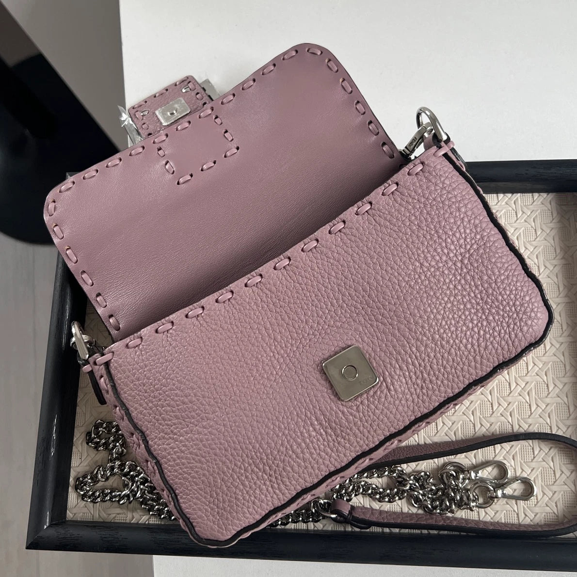 Fendi Baguette Calfskin Purple Top Handle Bag Crossbody Silver Hardware