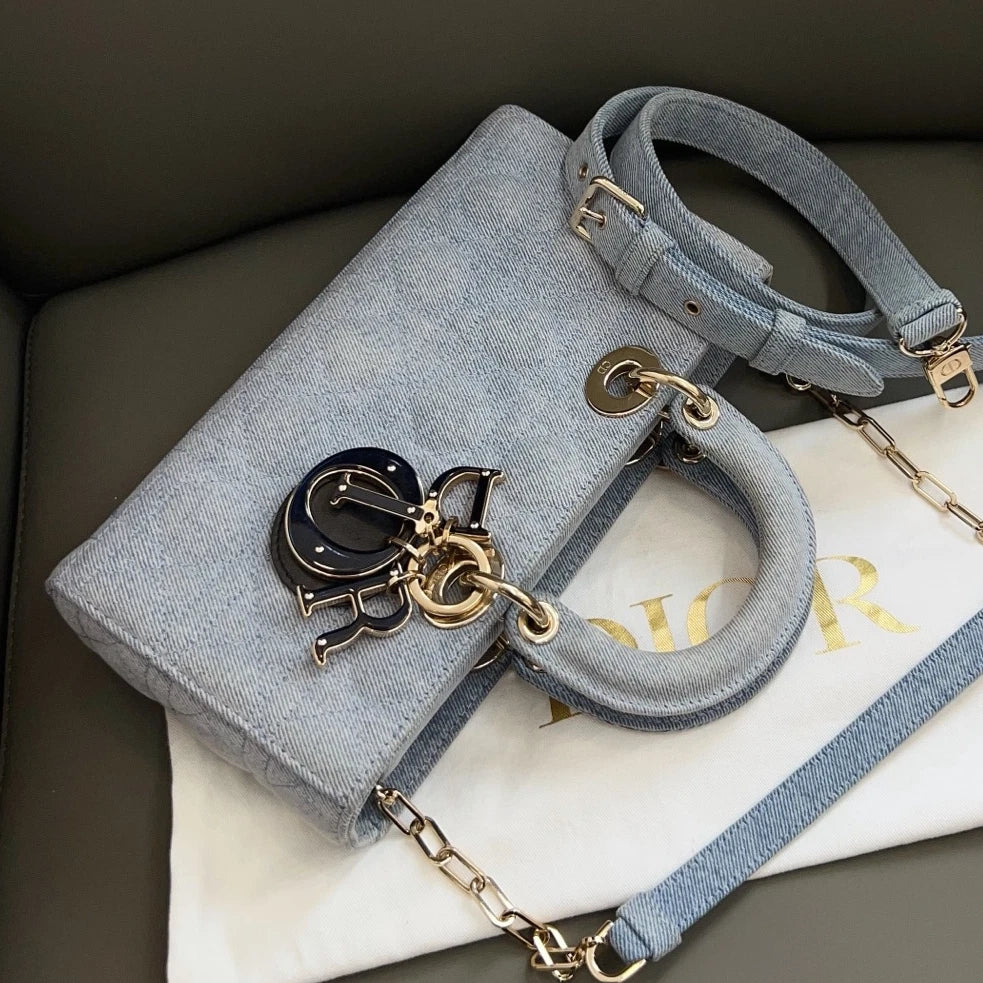Excellent Christian Dior D-Joy PM Denim Blue Handbag Crossbody Gold Hardware