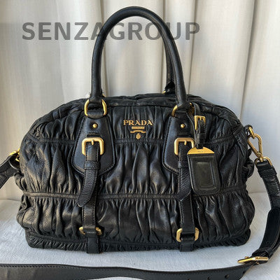 Prada Black Gold Leather Boston Bag Classic Women's Handbag Shoulder Tote