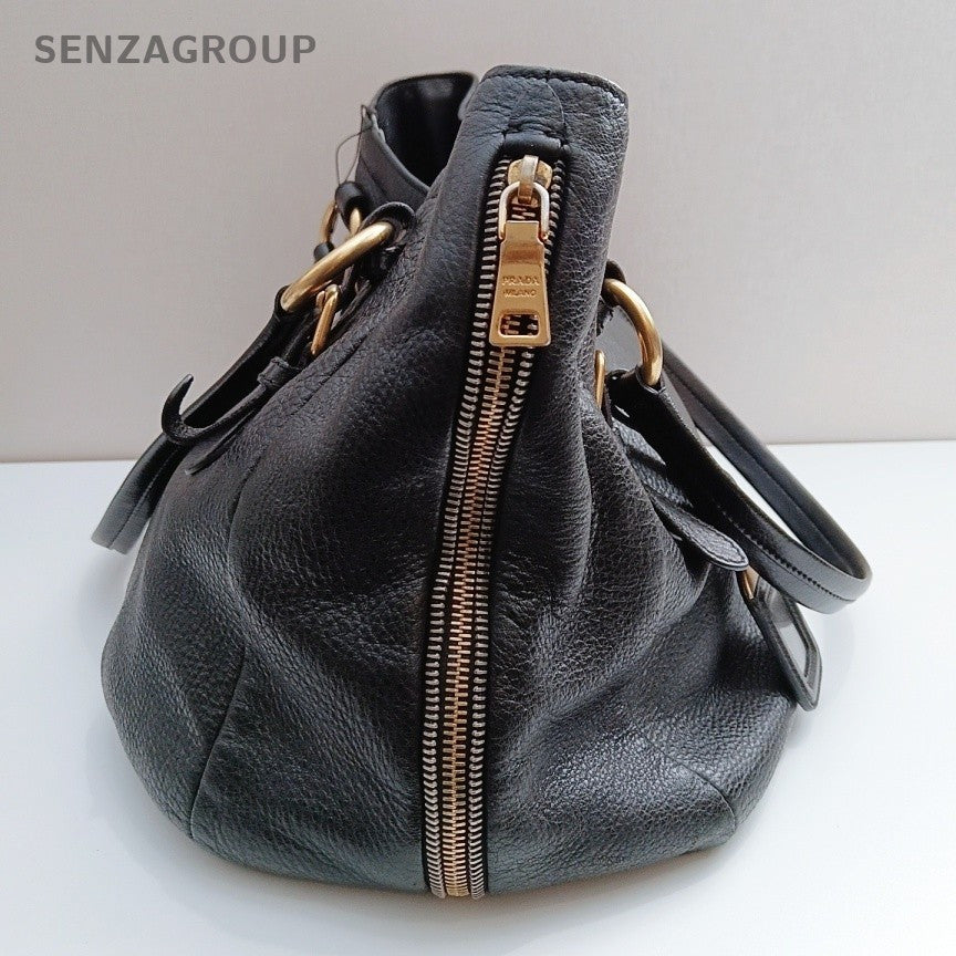Prada Calfskin Tote Shoulder Bag Black Gold Used Women Classic Fashion