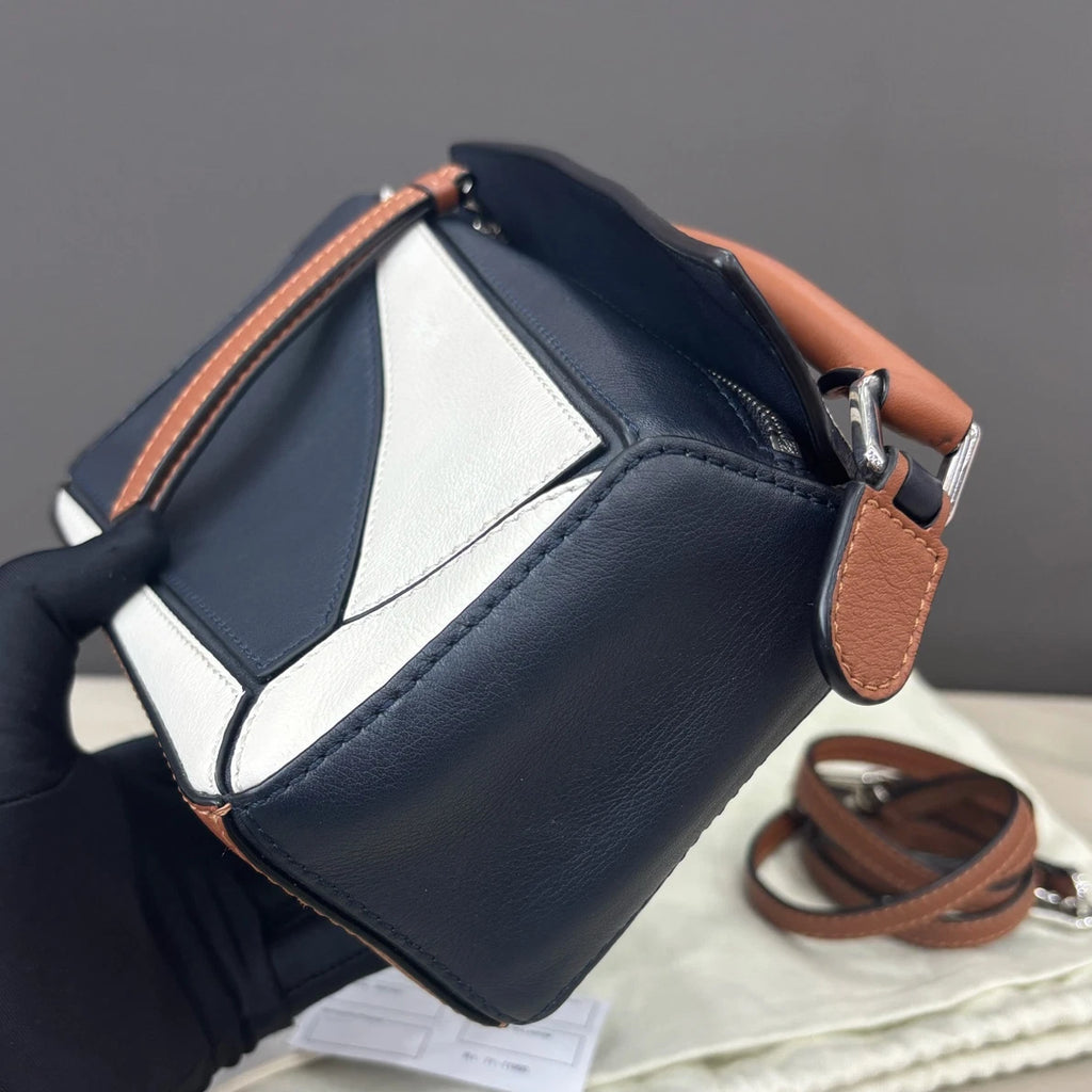 Loewe Puzzle Mini Top Handle Shoulder Crossbody Bag Navy Brown Women