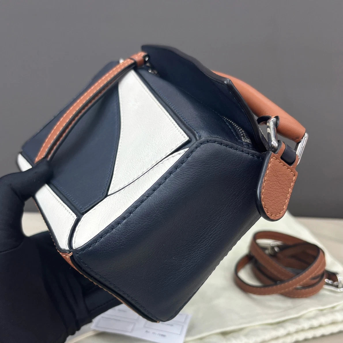 Loewe Puzzle Mini Top Handle Shoulder Crossbody Bag Navy Brown Women