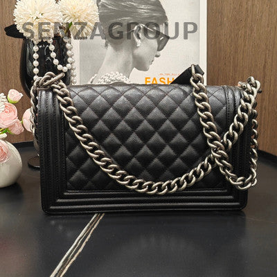 Chanel Le Boy Black Silver Medium Quilted Chain Shoulder Bag Classic
