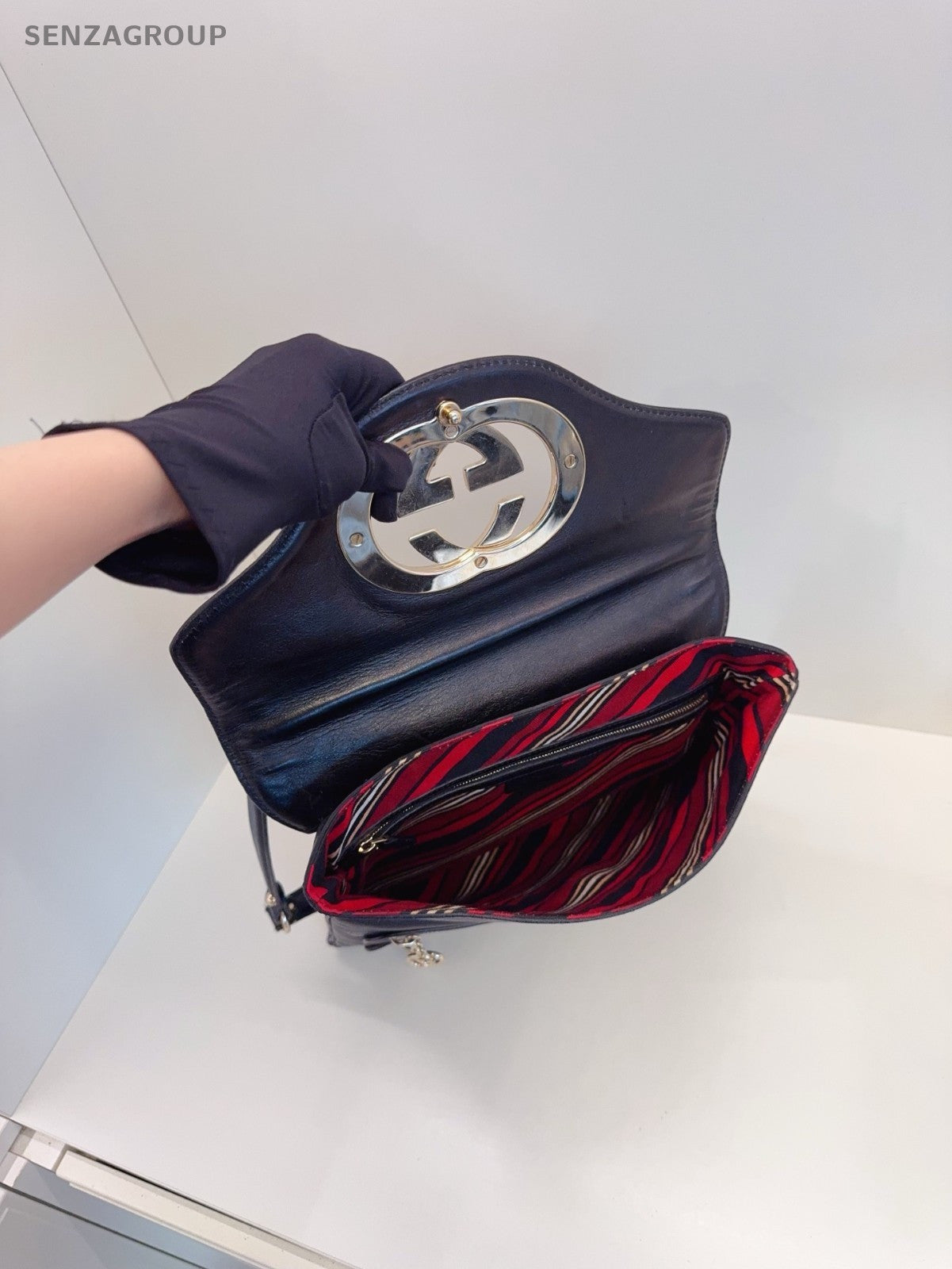GUCCI GG Logo Top Handle 2way Shoulder Handbag Black Gold Women