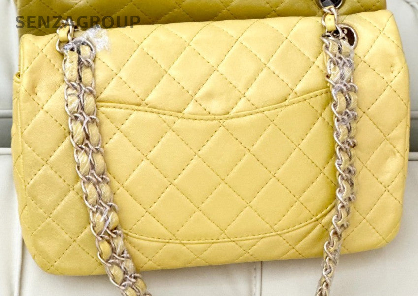 Chanel Classic Flap Lambskin Chain Shoulder Bag Yellow Used Women Designer