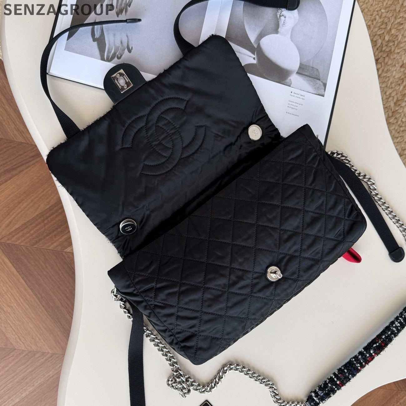 Chanel Nylon Chain Top Handle Shoulder Crossbody Black Silver Women Classic