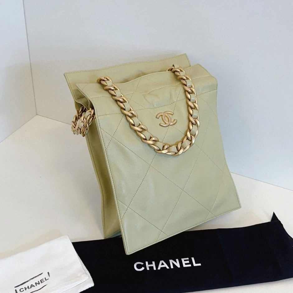 Chanel Tote PM Chain Top Handle Bag Green Gold Diamond Women Classic