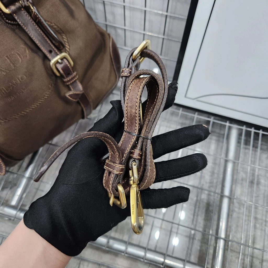 PRADA Dark Brown Canvas Tote Shoulder Crossbody Handbag Women