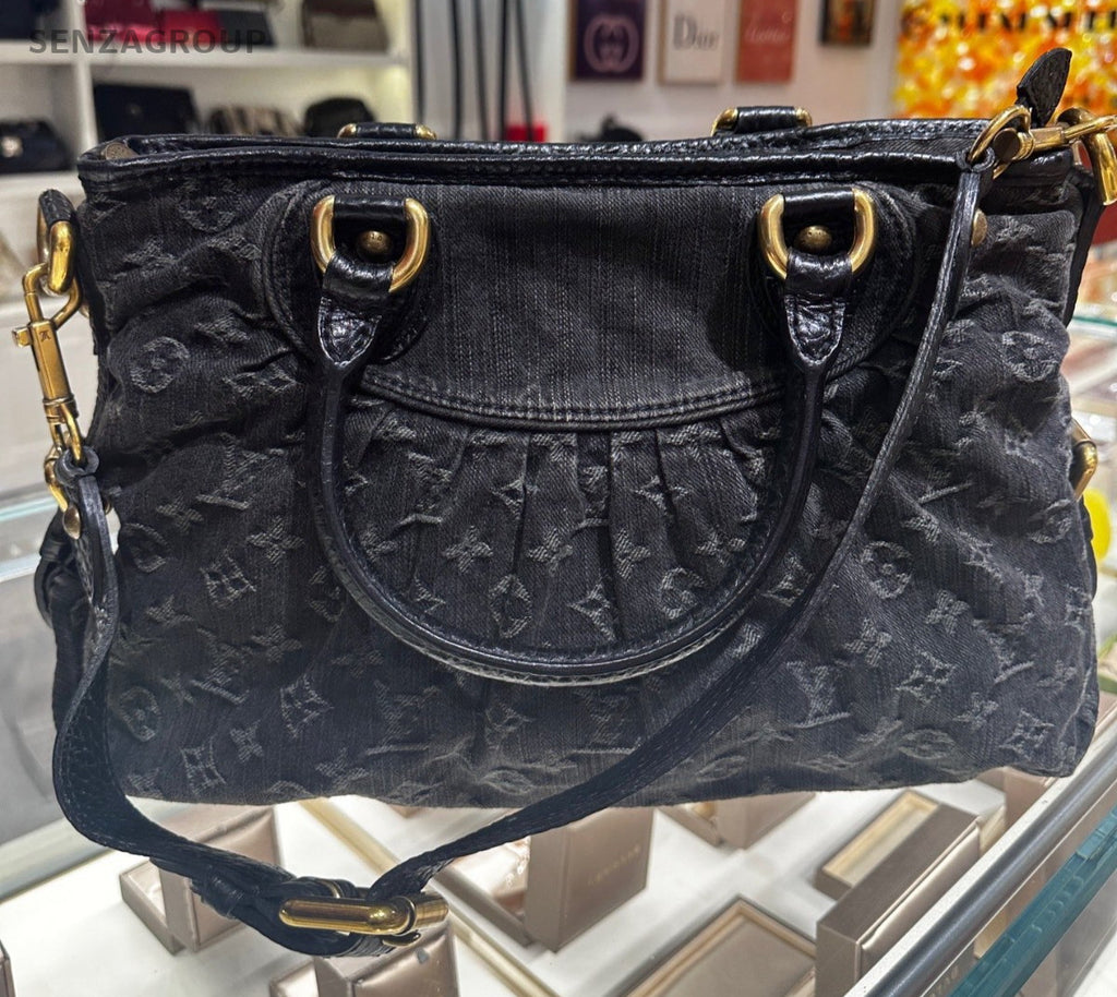 Louis Vuitton Cabby Denim Monogram Top Handle Bag Crossbody Black Gold Women