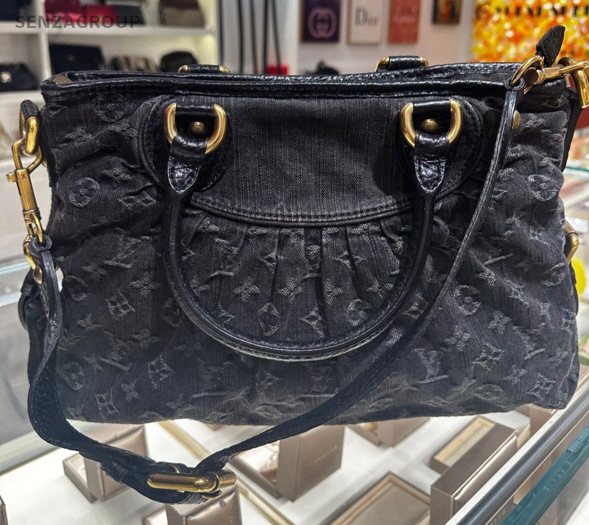 Louis Vuitton Cabby Denim Monogram Top Handle Bag Crossbody Black Gold Women