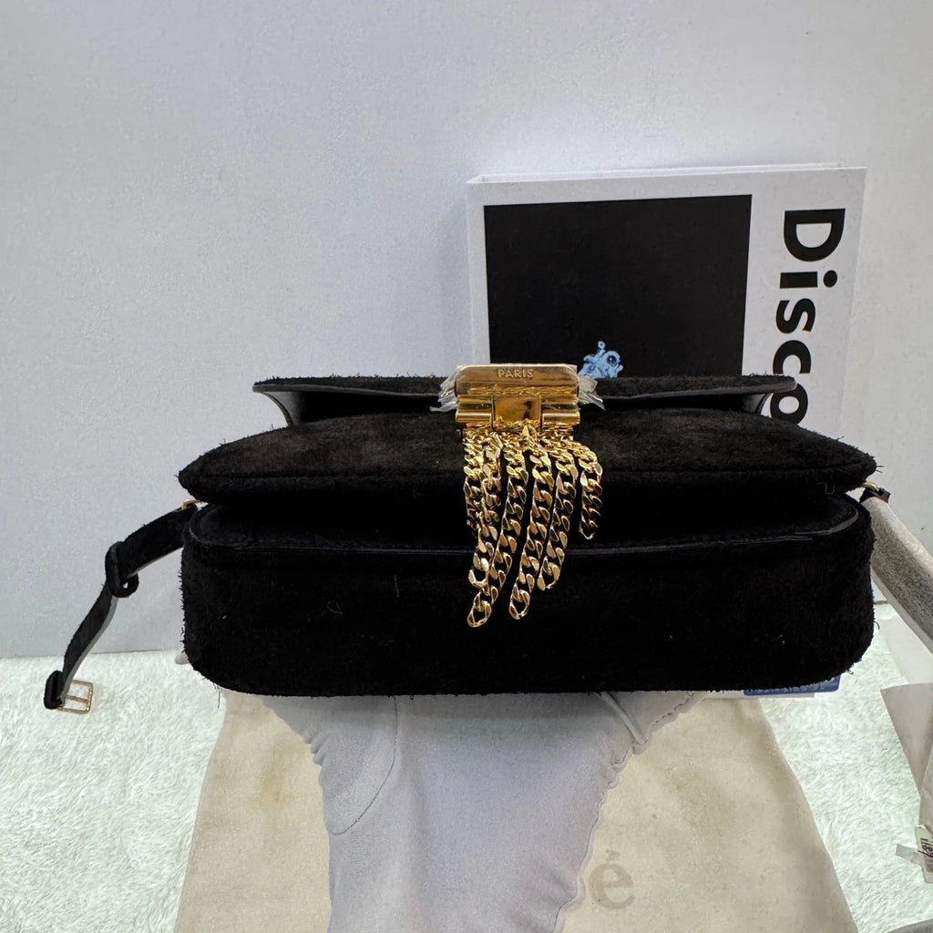CELINE Black Gold Suede Fringe C Bag Crossbody Bag For Women
