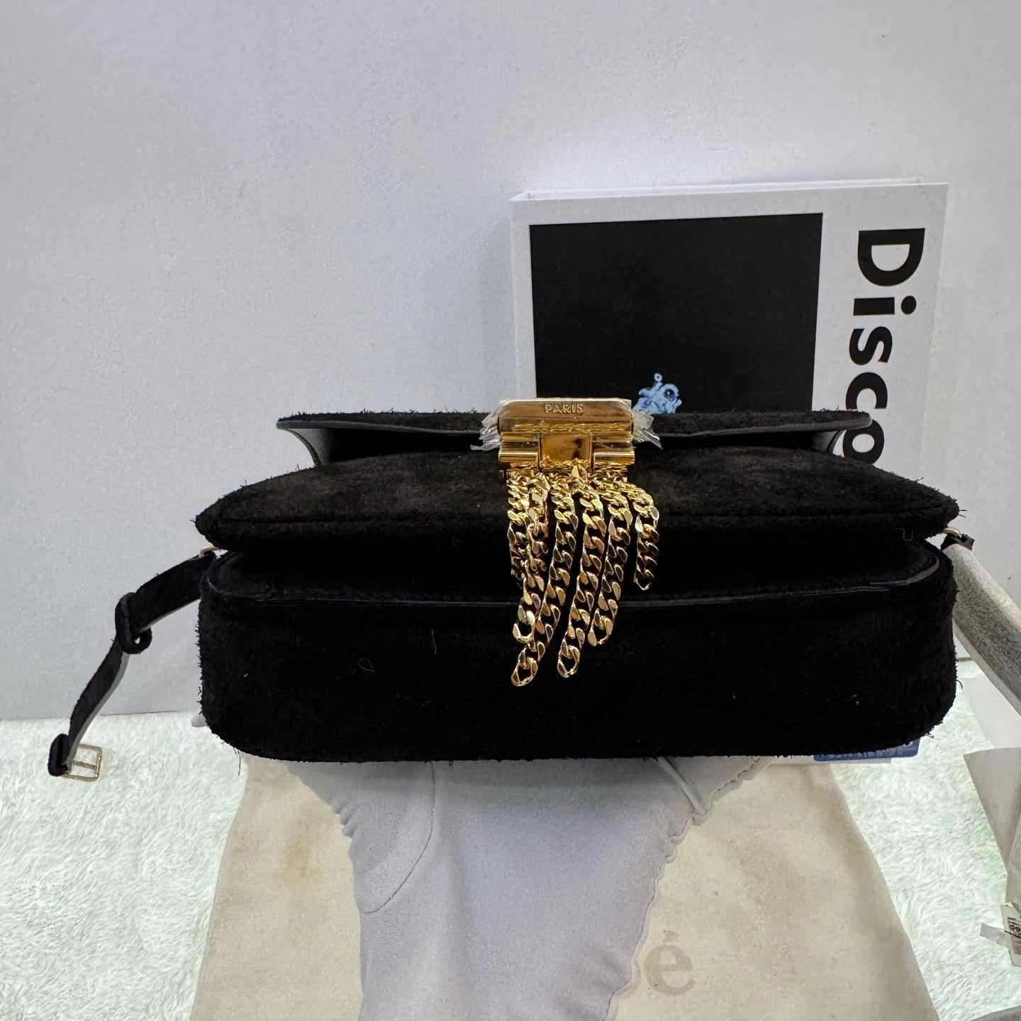 CELINE Black Gold Suede Fringe C Bag Crossbody Bag For Women