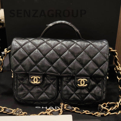Chanel Black Gold Lambskin Messenger Chain Crossbody Bag Classic Women