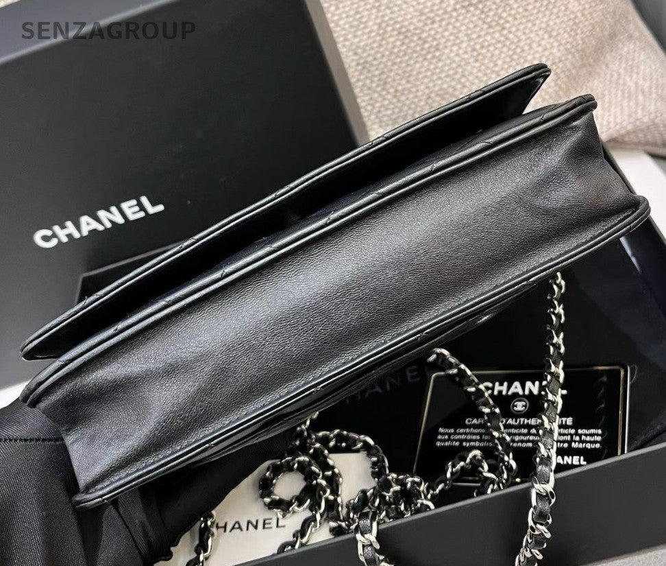 Chanel WOC Chain Crossbody Shoulder Bag Black Silver Women Diamond Classic