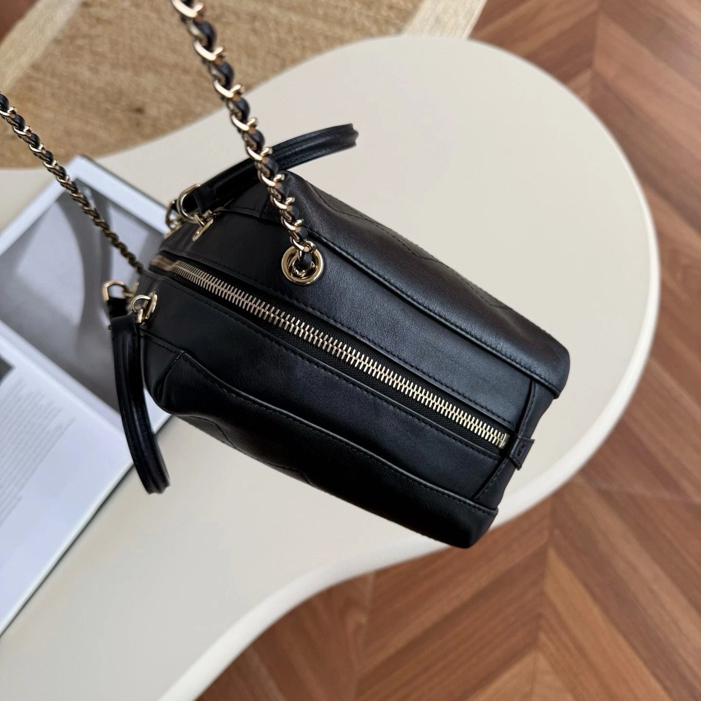 Chanel Bowling Calfskin Top Handle Chain Crossbody Black Gold Classic Women
