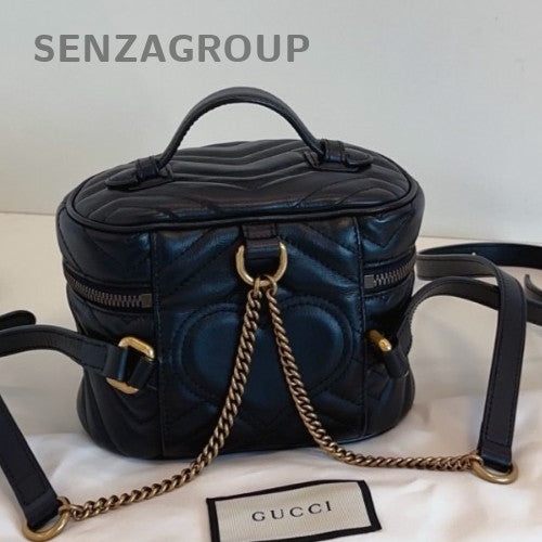 Gucci Marmont Chain Cylinder Bag Backpack Black Gold Women Classic Fashion