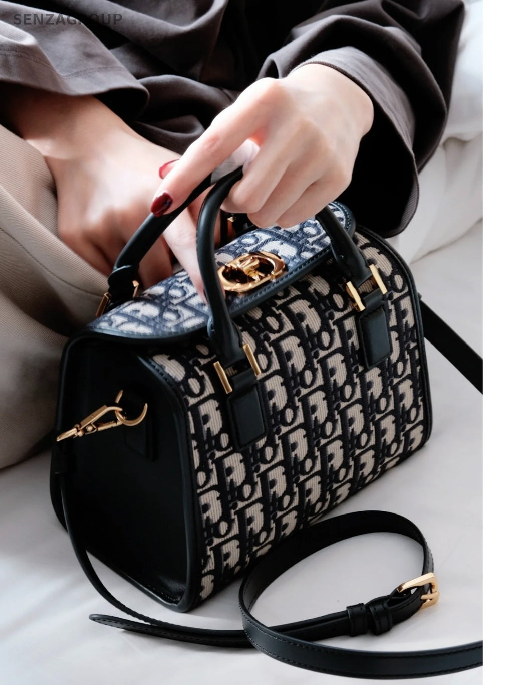 Christian Dior Boston Monogram Top Handle 2way Shoulder Handbag Blue Gold Women