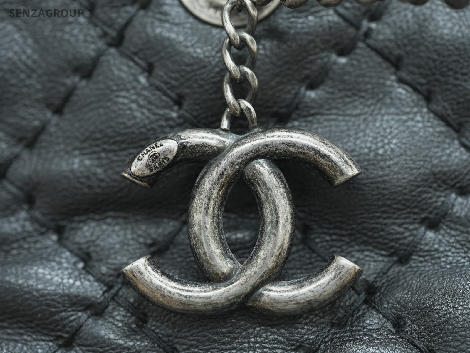CHANEL Classic External suture line tote Shoulder bag Black Silver