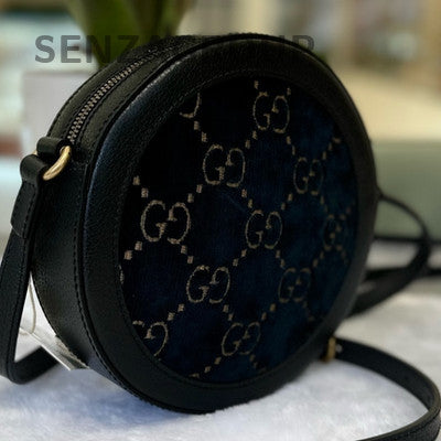 Gucci Velvet Round Bag Black Gold Zipper Shoulder Crossbody Classic Women