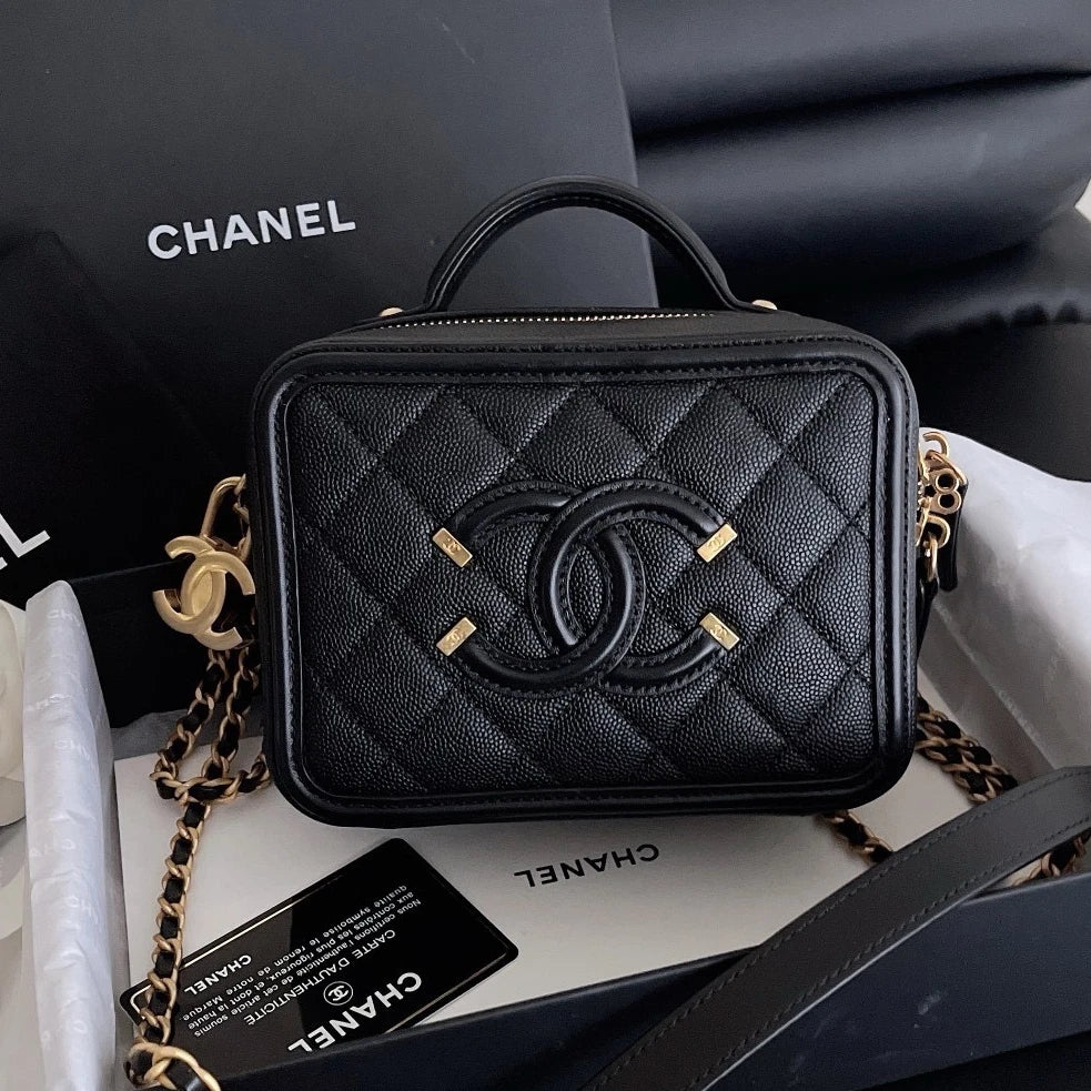 Chanel Camera Case PM Calfskin Chain Crossbody Black Gold Diamond Women Classic