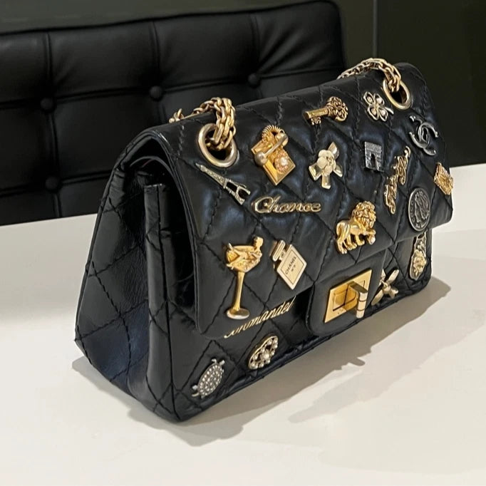 CHANEL 2.55 Mini Black Gold Charm Shoulder Bag